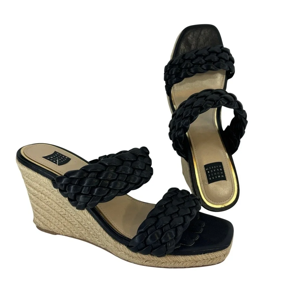 White House Black Market Wedge Sandal Rebecca Braided Black Espadrille Womens 9M